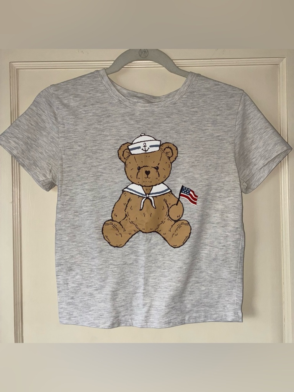 Lucky 777 Gray M Baby Tee Brown Sailor Teddy Bear Women Stretch Embroidered Flag
